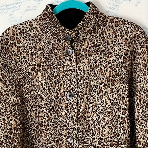 VINTAGE leopard print black reversible pleated lightweight button front jacket - Picture 2 of 5